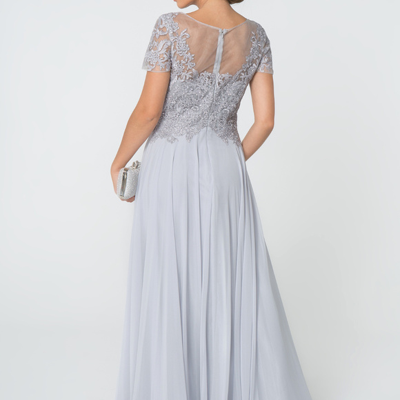SILVER MOTHER OF BRIDE EVENING Jeweled Illusion Neck Long MAXI Dress GSGL2813 - Picture 2 of 3